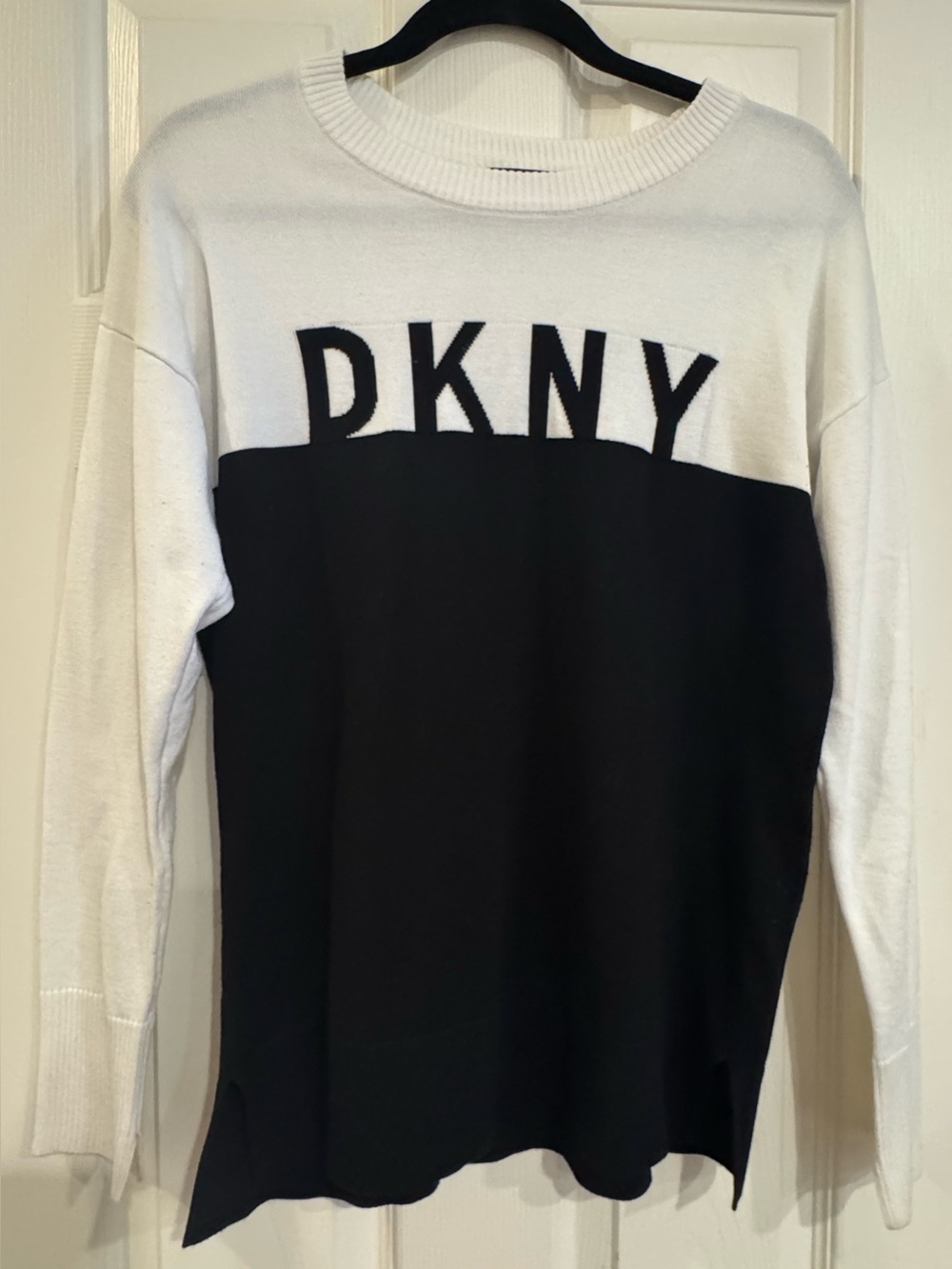 DKNY Black and White Colorblock Crewneck Sweater